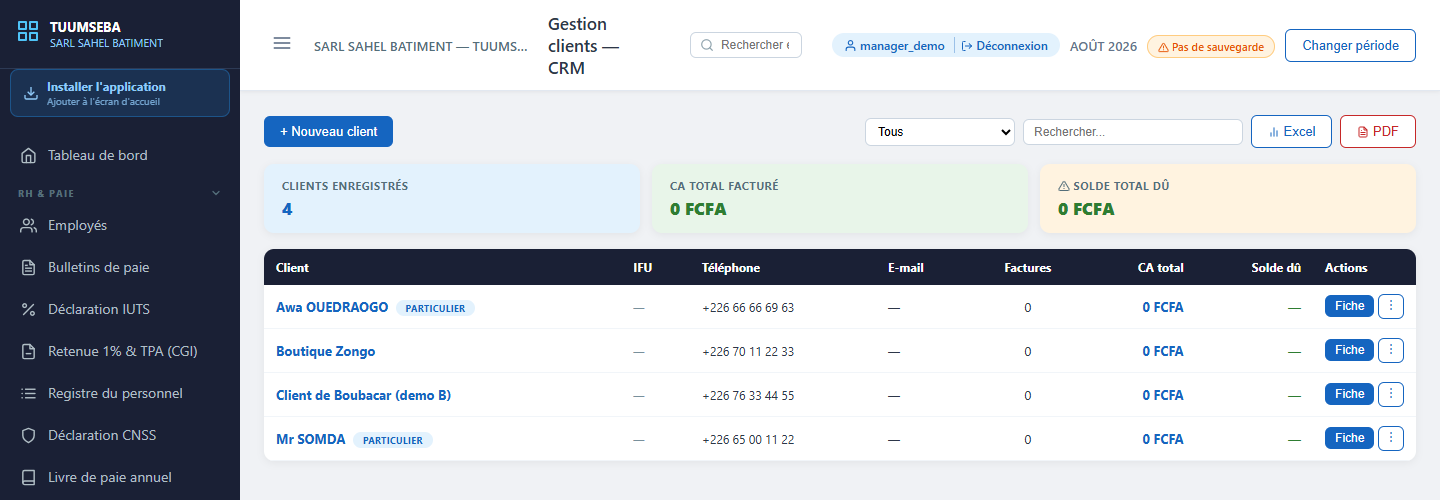 Gestion des clients dans TUUMSEBA avec chiffre d'affaires et solde dû par client