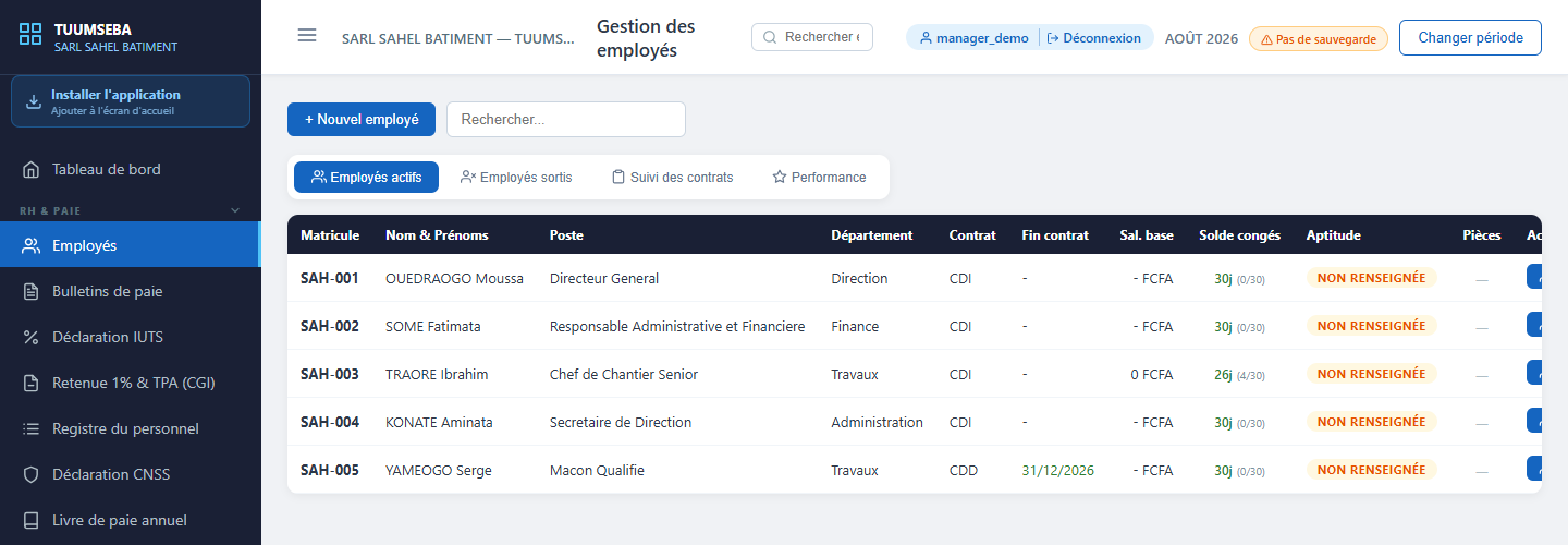Gestion des employés dans TUUMSEBA avec contrats, congés et suivi d'aptitude