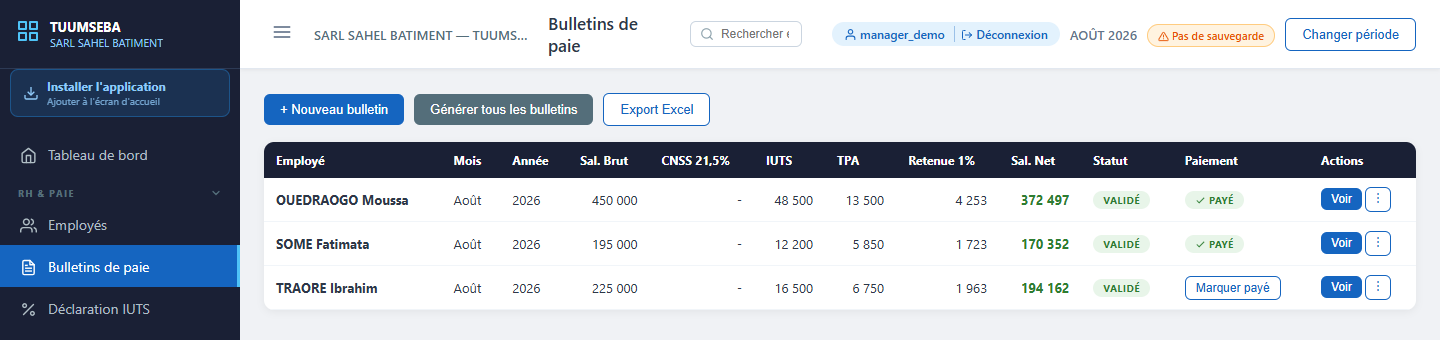 Bulletins de paie dans TUUMSEBA avec CNSS, IUTS et TPA calculés automatiquement