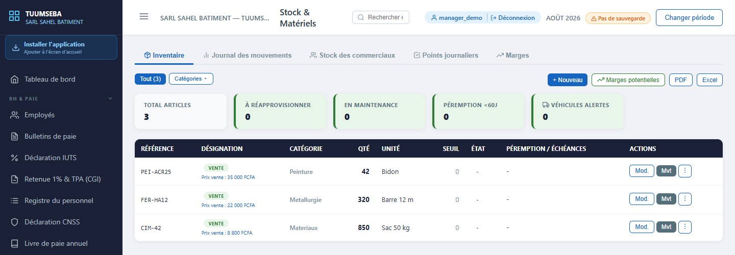Gestion du stock dans TUUMSEBA avec quantités, seuils d'alerte et valeur du stock